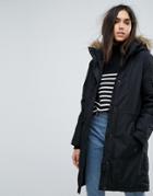 Selected Premium Parka Coat With Faux Fur Trim - Black