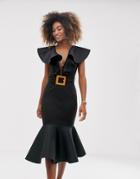 Asos Design Ruffle Plunge Pep Hem Midi Dress With Wicker Belt