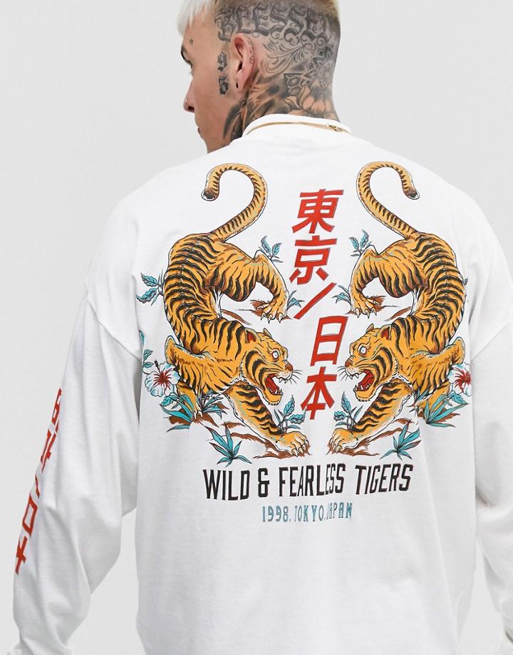 Asos Design Oversized Long Sleeve T-shirt With Turtleneck And Tiger Print-white