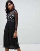 Frock And Frill Galactic Long Sleeve Star Print Midi Dress In Black - Black