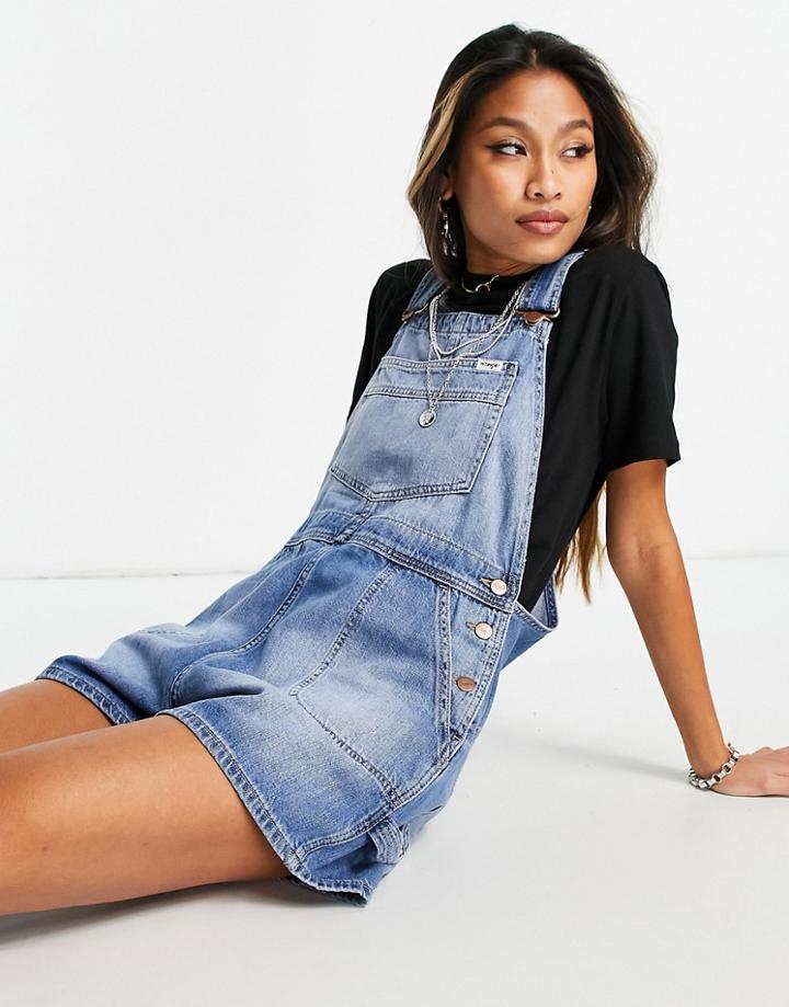 Wrangler Denim Short Overalls In Mid Wash Blue-blues