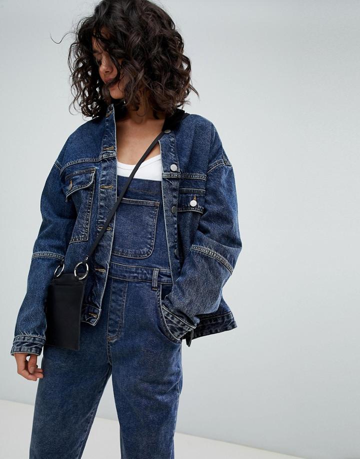 Uncivilised Oversized Denim Jacket With Cord Collar - Blue
