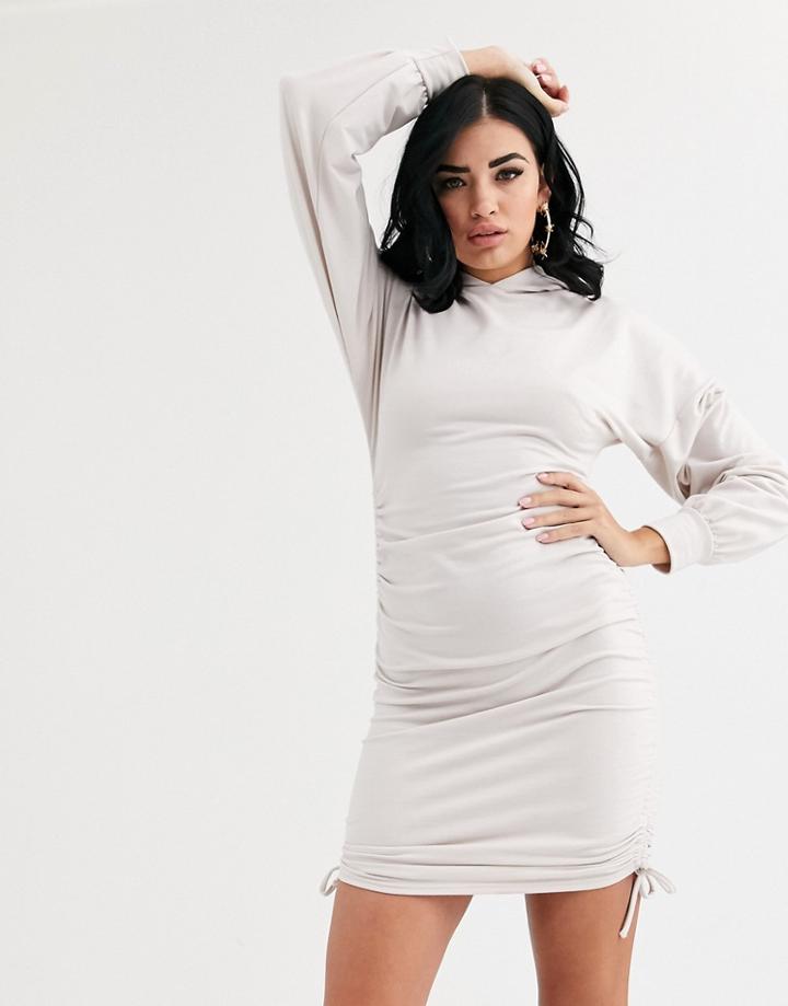 Asos Design Ruched Mini Hoodie Sweat Dress-cream