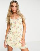 Asos Design Pintuck Button Through Mini Dress In Yellow Floral Print-multi