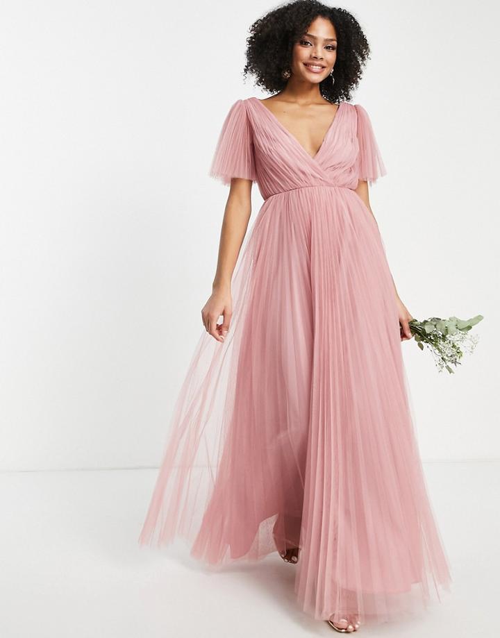 Asos Design Bridesmaid Tulle Maxi Dress With Flutter Sleeve And Pleated Skirt In Rose-pink