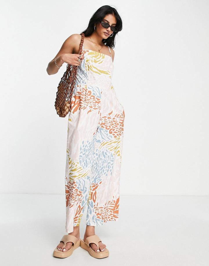 Asos Design Button Open Back Minimalist Jumpsuit In Marble Print-multi