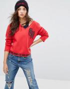 Gigi Hadid V Neck Sweatshirt With Logo Trim - Red