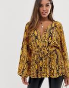 Asos Design Long Sleeve Plunge Top With Kimono Sleeve And Belt In Snake Animal Print - Multi