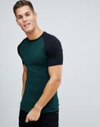 Asos Design Muscle Fit T-shirt With Contrast Raglan In Green - Green