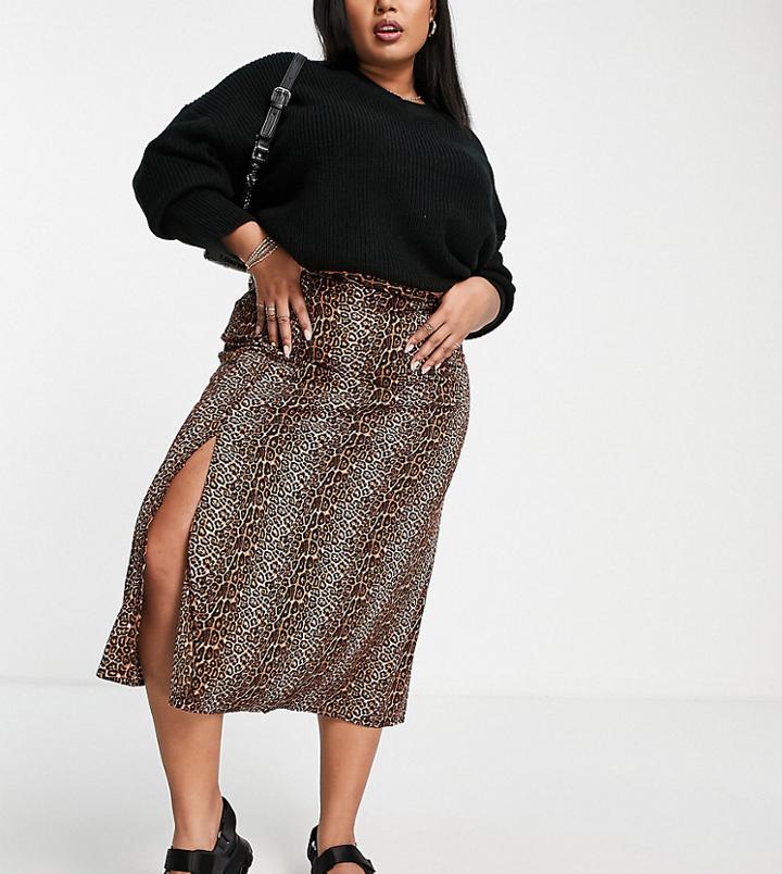 Daisy Street Plus Midi Skirt With Thigh Split In Grunge Leopard-multi