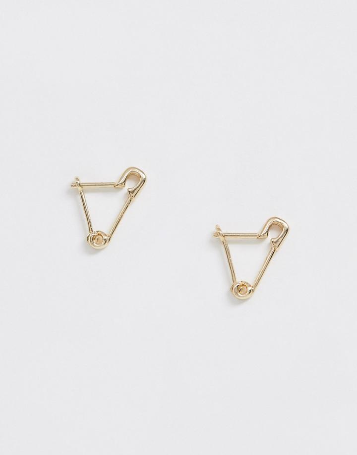 Asos Design Mini Safety Pin Earrings In Gold Tone - Gold
