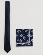 Asos Textured Tie & Pocket Square With Navy Swallow Print - Navy
