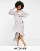 Flounce London Maternity Satin Long Sleeve Wrap Maxi Dress In Ash Gray