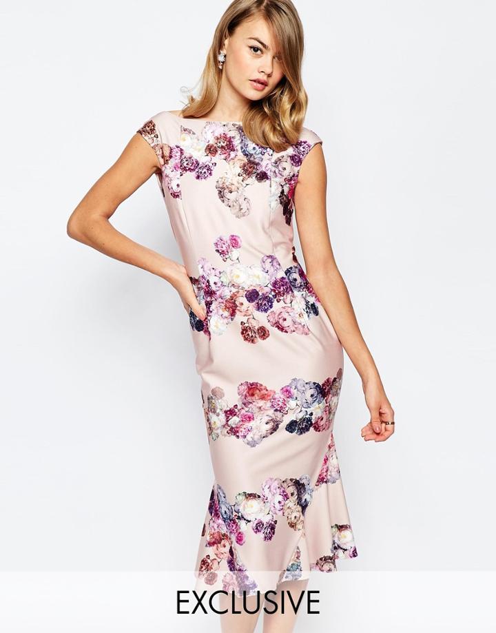 True Violet Bardot Pencil Dress With Flippy Hem In Panneled Floral Print - Multi Floral