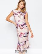 True Violet Bardot Pencil Dress With Flippy Hem In Panneled Floral Print - Multi Floral