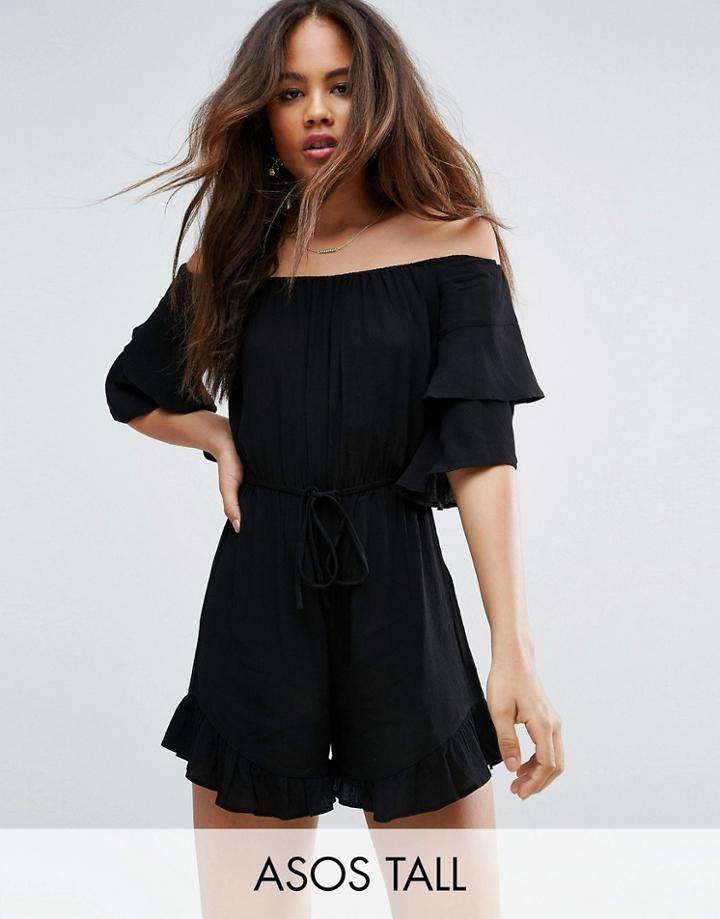 Asos Tall Off Shoulder Romper In Crinkle With Frill Hem - Pink