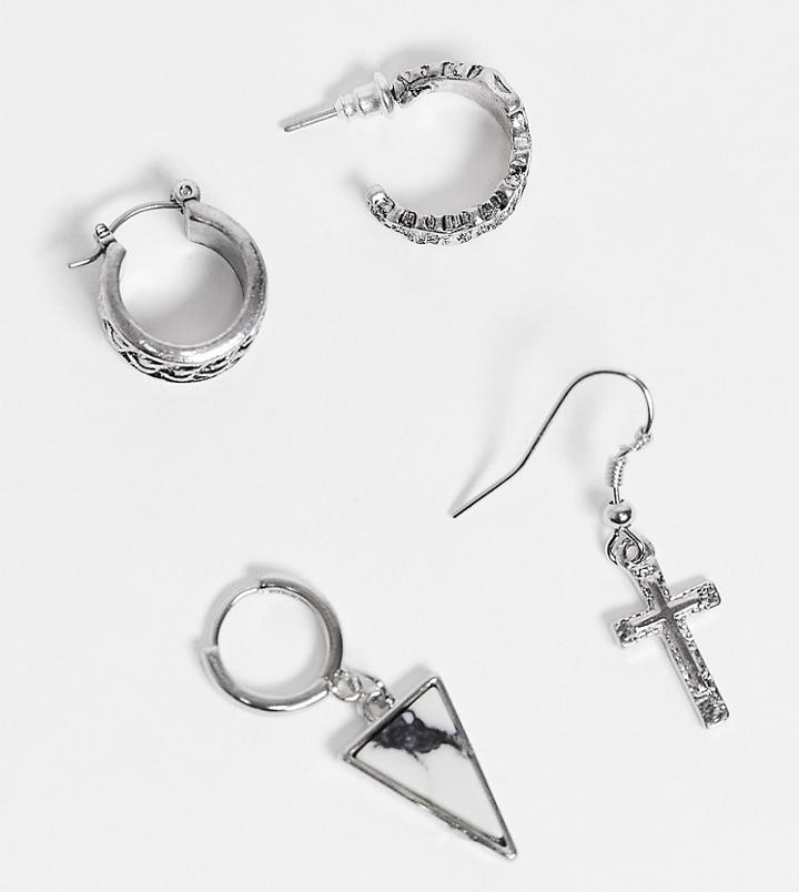 Reclaimed Vintage Inspired Hoop And Charm Earring Multipack In Burnished Silver