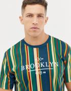 Asos Design Relaxed T-shirt With Vertical Stripe And City Text Print - Green