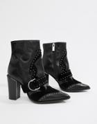 Bronx Black Leather Studded Heeled Ankle Boots - Black