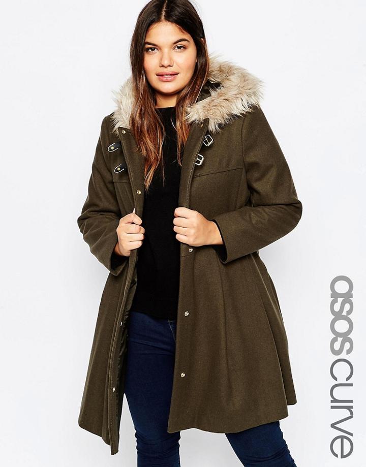 Asos Curve Skater Coat With Faux Fur Hood - Khaki