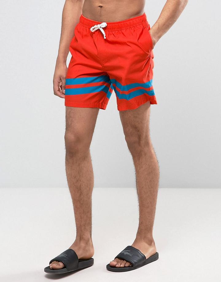 Asos Swim Shorts In Orange With Stripe Leg And Drawcord Detail In Mid Length - Orange