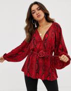 Asos Design Plunge Top With Kimono Sleeve And Belt In Snake Animal Print - Multi