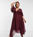 Asos Design Curve Flutter Sleeve Midi Dress With Pleated Waist And Button Detail In Berry-red