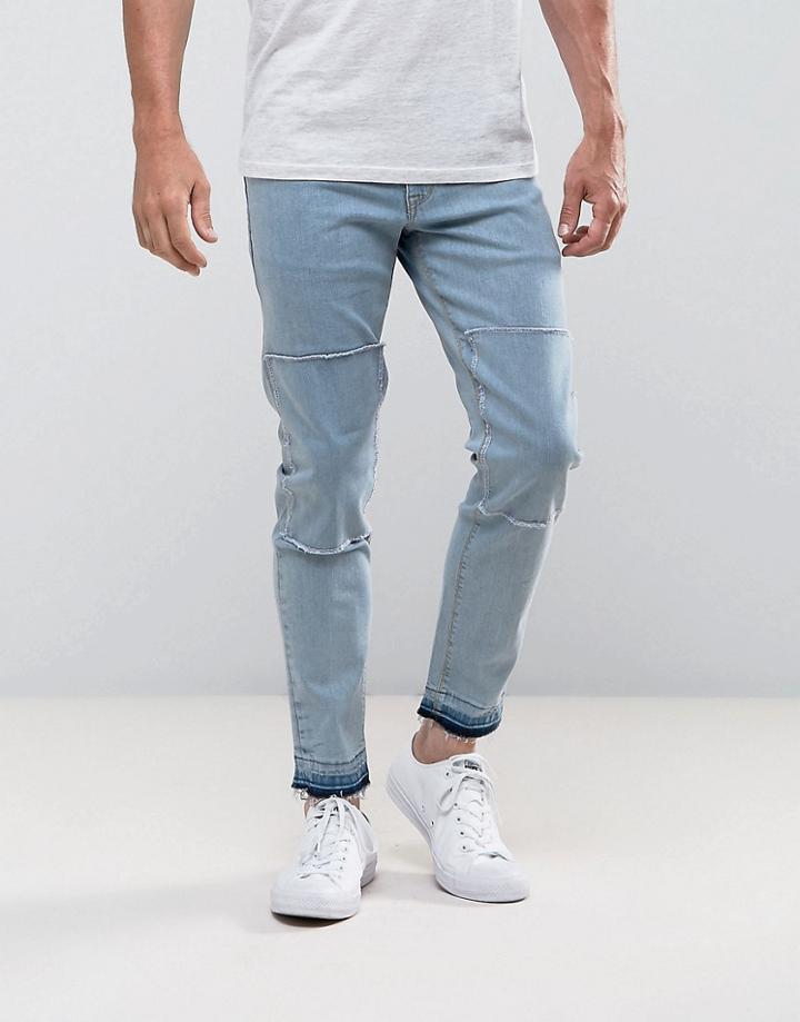 Asos Slim Jeans In Light Wash With Cut And Sew Panels With Hem Detail - Blue