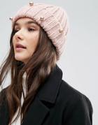 Helene Berman Chunky Knit Pearl Detail Beanie Hat - Pink