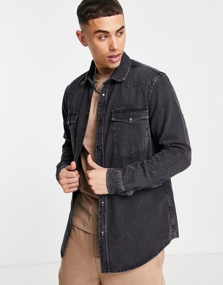 River Island Long Sleeve Western Shirt In Black