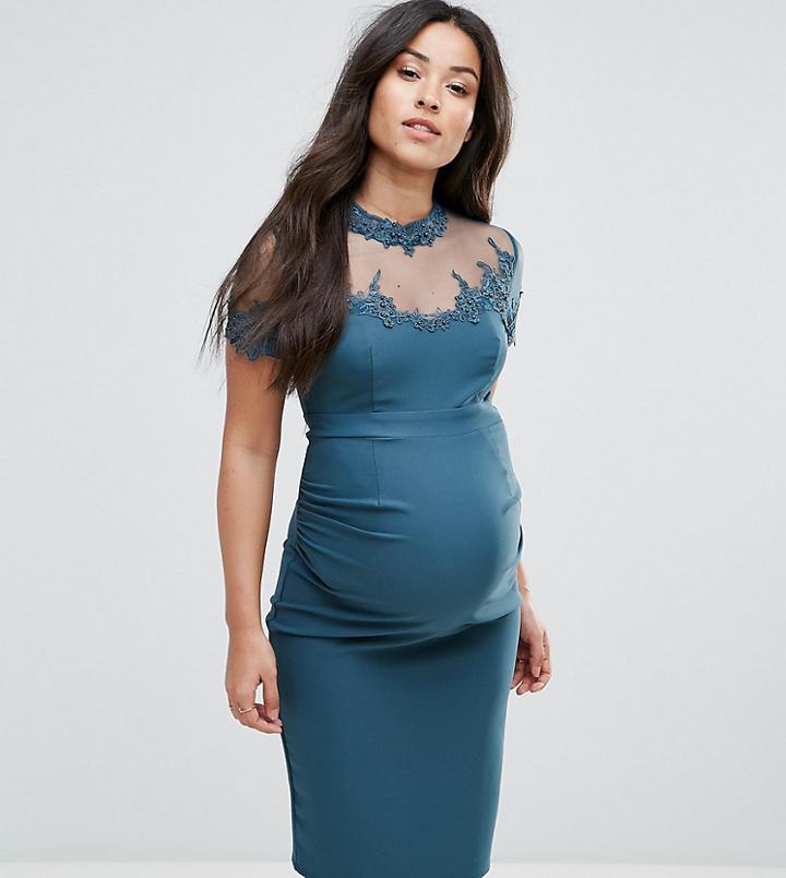 Little Mistress Maternity Midi Dress With Lace Embellished Sheer Bodice - Green
