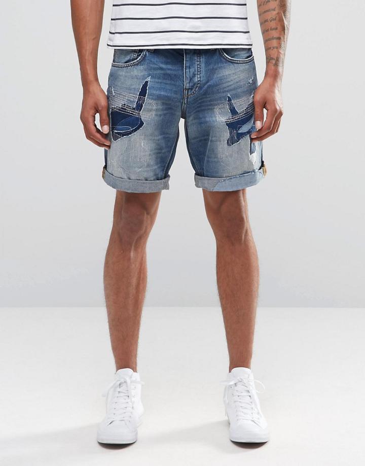 Celio Denim Shorts With Heavy Rip Repair Detail - Navy