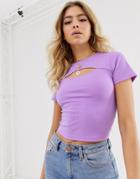 Asos Design Top In Rib With Cutout Detail In Purple - Purple