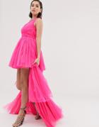 Lace & Beads Tulle Layered Maxi Dress In Neon Pink