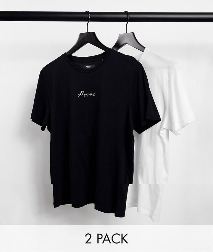 Jack & Jones Premium 2 Pack T-shirt With Central Logo In Black & White