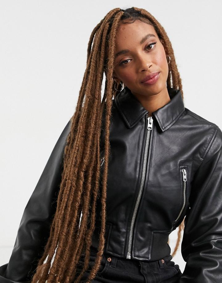 Topshop Premium Leather Bomber Jacket In Black
