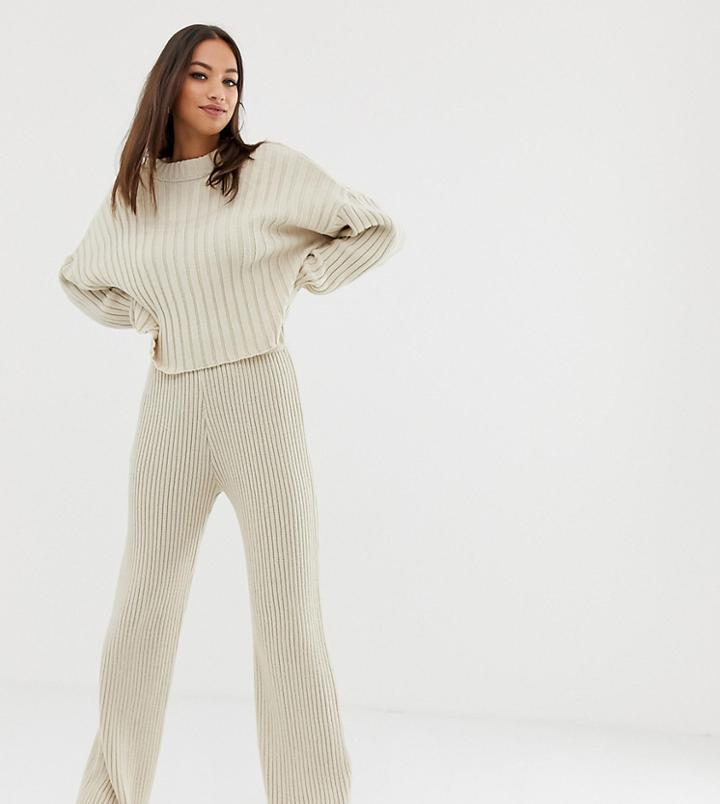 Prettylittlething Two-piece Ribbed Flare Pants In Stone - Gray