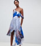 Asos Design Tall Drape Shoulder Midi Dress In Abstract Print - Multi