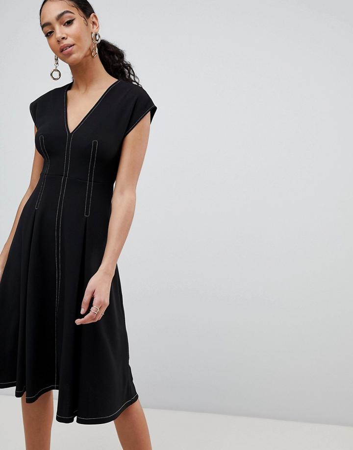 Asos Design Fit And Flare Midi Dress With Contrast Stitching - Black