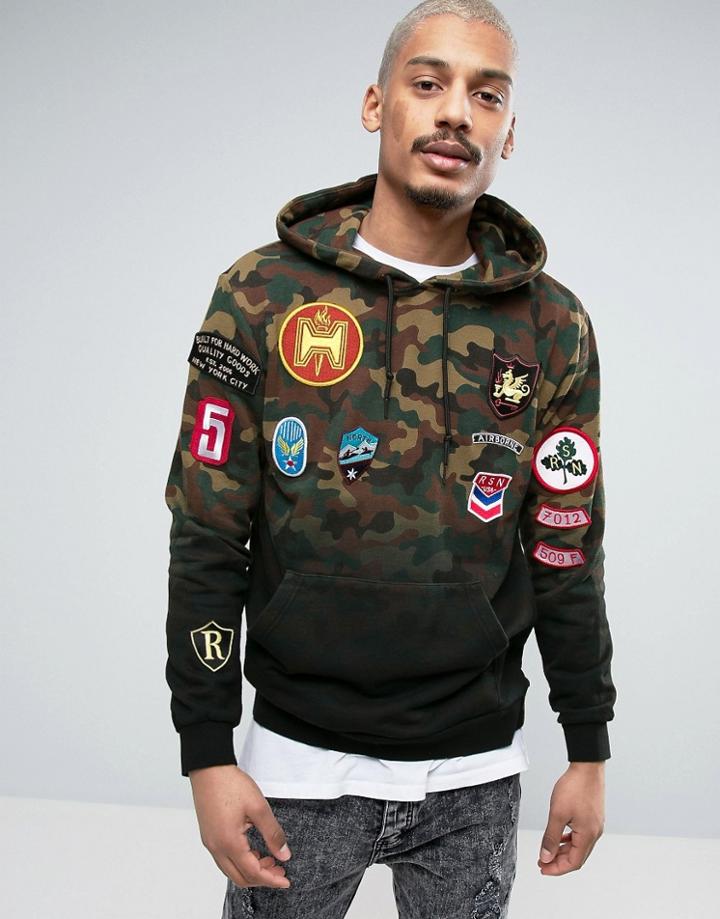 Reason Hoodie In Camo Dip Dye With Patches - Green