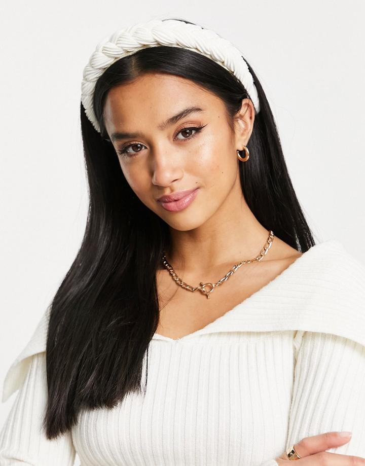Asos Design Plaited Headband In Cream Plisse-white