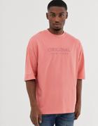 Asos Design Oversized T-shirt With City Embroidery In Pique - Pink