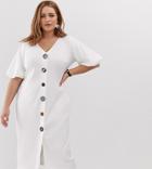 Asos Design Curve Slinky Rib Button Through Midi Dress With Puff Sleeve - White