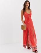 Influence Border Print Tie Front Beach Maxi Dress-red