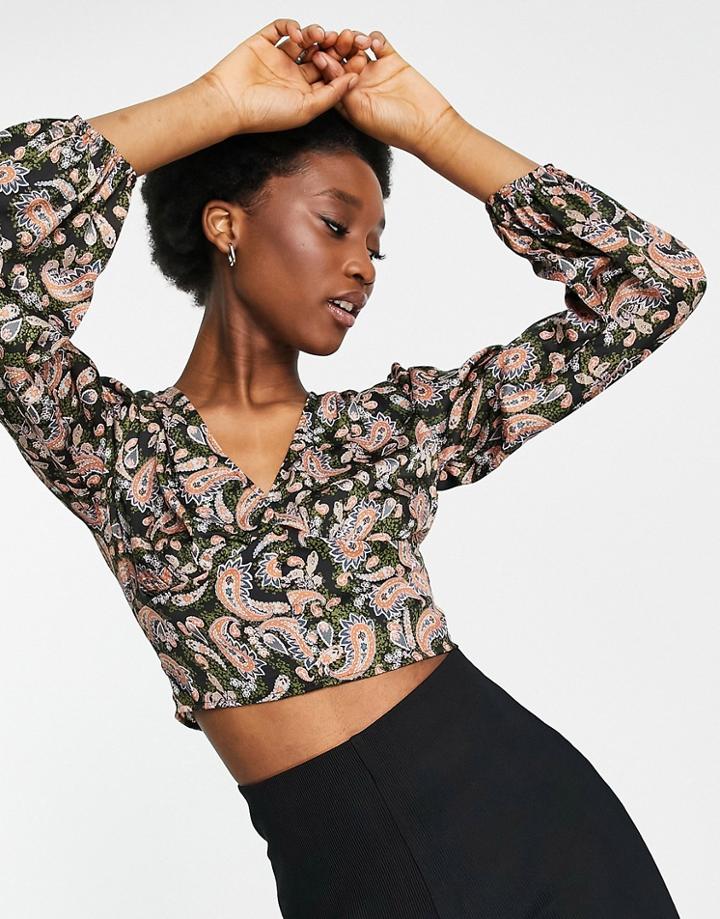 Stradivarius Satin Button Detail Romantic Blouse In Dark Paisley-multi
