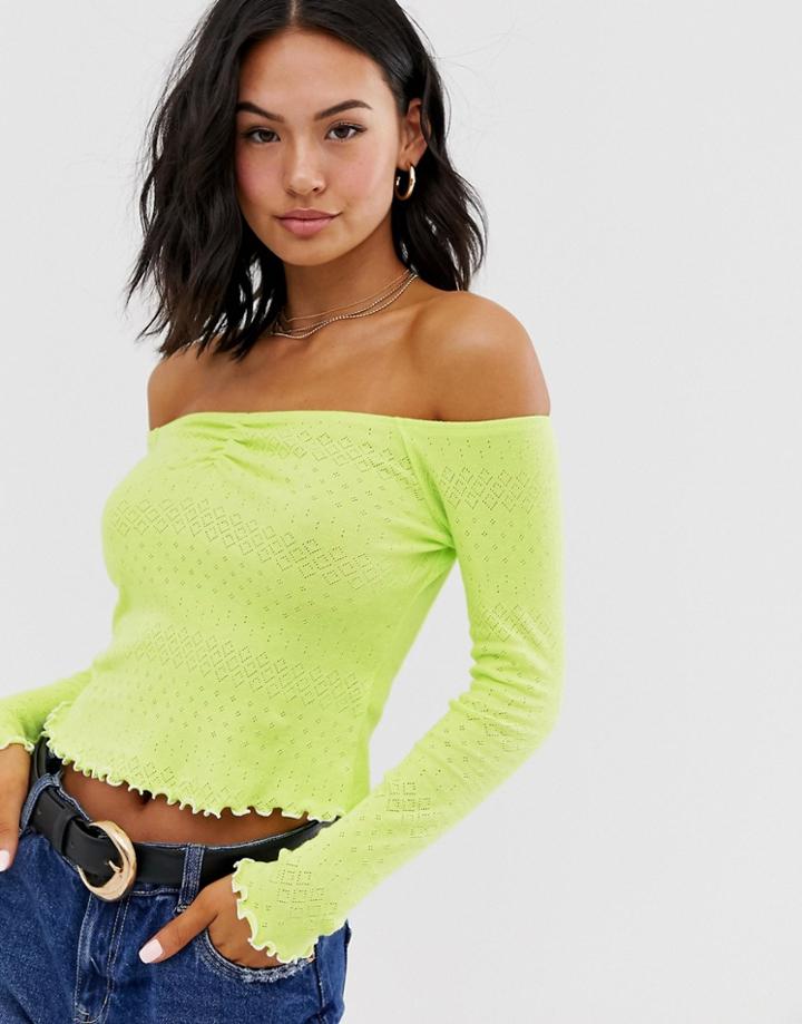 Asos Design Bardot Top In Neon Pointelle - Green