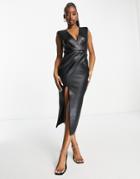 Asos Design Plunge Pleat Detail Midaxi Dress In Black