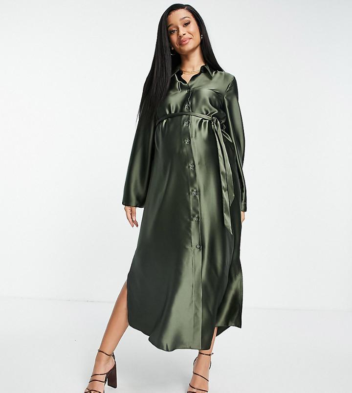 Asos Design Maternity Wide Sleeve Satin Belted Midi Shirt Dress In Khaki-green
