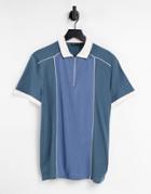 Asos Design Polo T-shirt In Blue Color Block With Half Zip-blues