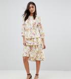 Asos Design Ruffle Top Bandeau Midi Dress In Floral Stripe Print-multi